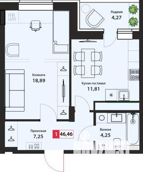 1-к квартира, вторичка, 46м2, 22/22 этаж