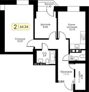 2-к квартира, вторичка, 64м2, 2/17 этаж