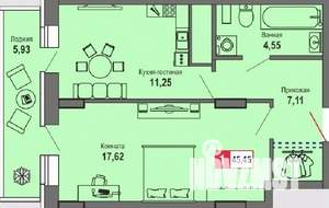 1-к квартира, строящийся дом, 45м2, 19/24 этаж