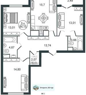 3-к квартира, сданный дом, 84м2, 10/16 этаж