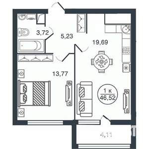 1-к квартира, вторичка, 47м2, 4/16 этаж