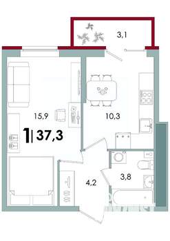 1-к квартира, вторичка, 37м2, 1/15 этаж