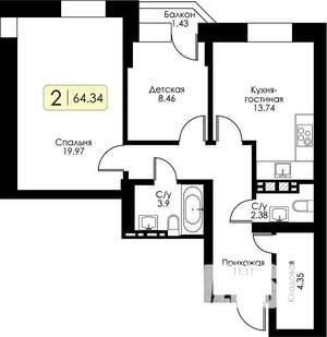 3-к квартира, строящийся дом, 66м2, 13/17 этаж