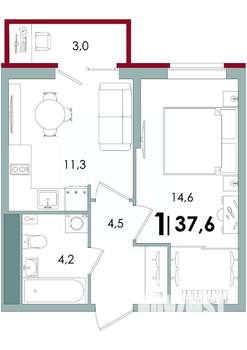 1-к квартира, вторичка, 38м2, 7/15 этаж