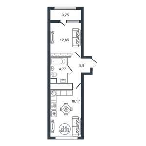 1-к квартира, вторичка, 45м2, 15/16 этаж