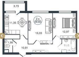 2-к квартира, сданный дом, 60м2, 16/16 этаж