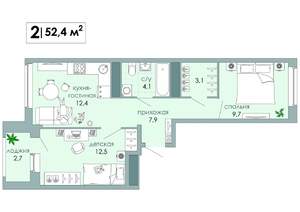2-к квартира, вторичка, 52м2, 4/12 этаж