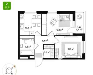 2-к квартира, вторичка, 51м2, 9/18 этаж