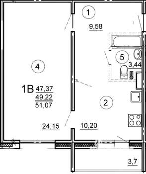 1-к квартира, вторичка, 52м2, 7/17 этаж