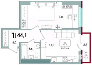 1-к квартира, вторичка, 44м2, 6/16 этаж