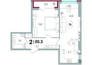 2-к квартира, вторичка, 50м2, 7/16 этаж