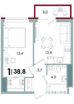 1-к квартира, вторичка, 39м2, 12/15 этаж