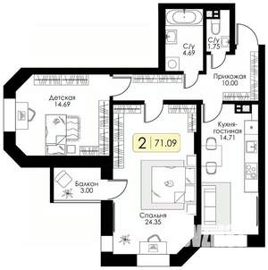 2-к квартира, вторичка, 73м2, 12/17 этаж