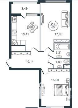 2-к квартира, сданный дом, 65м2, 6/16 этаж