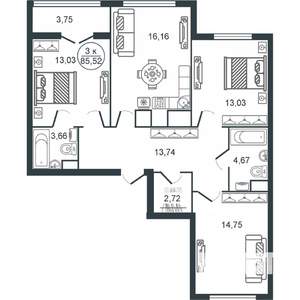 3-к квартира, вторичка, 86м2, 2/16 этаж