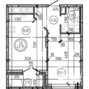 1-к квартира, вторичка, 43м2, 11/16 этаж