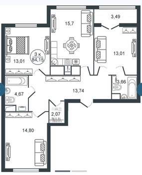 3-к квартира, вторичка, 85м2, 11/16 этаж