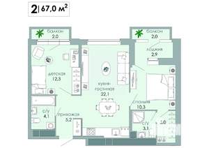 2-к квартира, вторичка, 67м2, 3/12 этаж