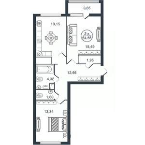 2-к квартира, вторичка, 65м2, 7/16 этаж