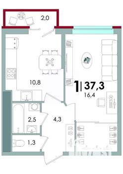 1-к квартира, вторичка, 37м2, 2/16 этаж
