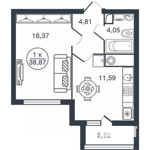 1-к квартира, вторичка, 39м2, 14/15 этаж