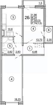 2-к квартира, строящийся дом, 58м2, 2/18 этаж