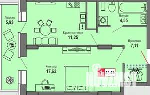 1-к квартира, строящийся дом, 45м2, 21/24 этаж