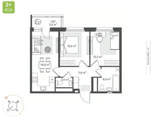 2-к квартира, вторичка, 59м2, 9/10 этаж
