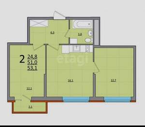 2-к квартира, вторичка, 53м2, 1/17 этаж