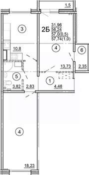 2-к квартира, сданный дом, 58м2, 7/18 этаж