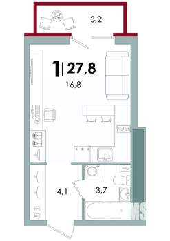 Студия квартира, вторичка, 28м2, 10/15 этаж