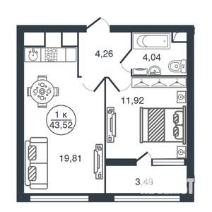 1-к квартира, вторичка, 44м2, 3/16 этаж