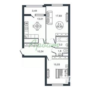2-к квартира, вторичка, 65м2, 5/17 этаж