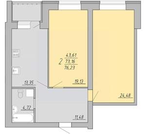 2-к квартира, строящийся дом, 76м2, 4/9 этаж