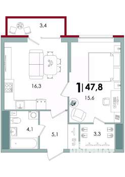 1-к квартира, вторичка, 48м2, 13/15 этаж