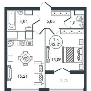 1-к квартира, вторичка, 43м2, 2/16 этаж