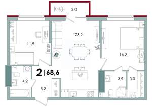 2-к квартира, вторичка, 69м2, 7/15 этаж