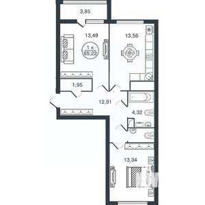 2-к квартира, вторичка, 65м2, 6/16 этаж