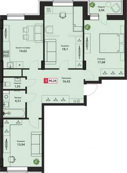 3-к квартира, строящийся дом, 90м2, 12/24 этаж