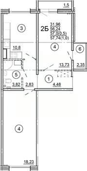 2-к квартира, строящийся дом, 58м2, 13/18 этаж