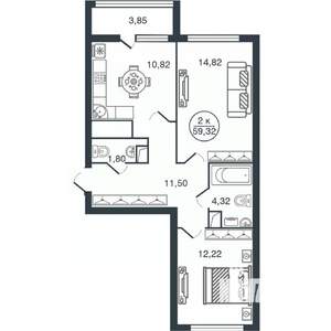 2-к квартира, вторичка, 59м2, 15/16 этаж