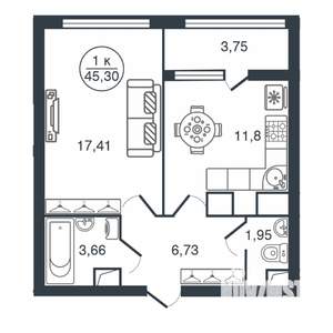 1-к квартира, вторичка, 45м2, 6/16 этаж
