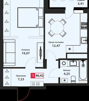 1-к квартира, сданный дом, 46м2, 7/22 этаж