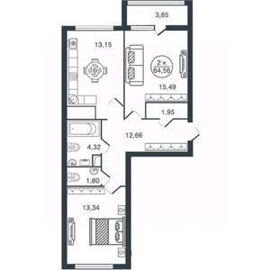 2-к квартира, вторичка, 65м2, 2/15 этаж