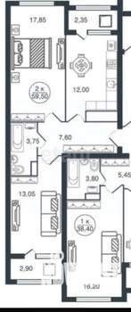 2-к квартира, вторичка, 60м2, 14/16 этаж