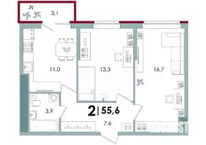 2-к квартира, вторичка, 56м2, 11/15 этаж