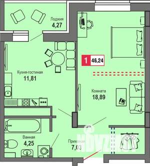 1-к квартира, строящийся дом, 46м2, 17/22 этаж