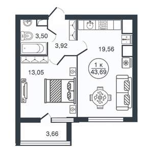 1-к квартира, вторичка, 44м2, 9/16 этаж