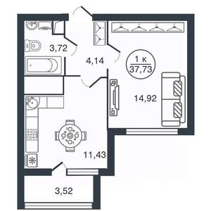 1-к квартира, вторичка, 38м2, 4/16 этаж
