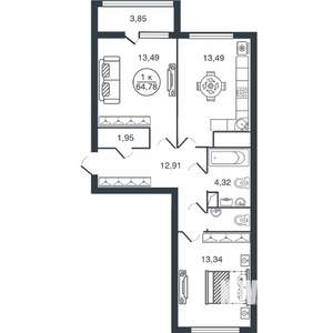 2-к квартира, вторичка, 65м2, 13/16 этаж